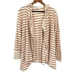 Entro Striped Crochet Lace Hooded Cardigan Sweater